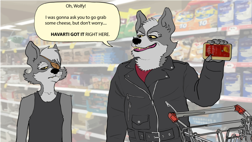 annoyed belt black_nose cael_o'donnell canine cheese clothing eye_patch eyewear fan_character father food fredryk_phox fur grey_fur holding_food holding_object humor jacket male mammal nintendo open_mouth parent photo_background red_shirt shirt shopping_cart son speech_bubble star_fox star_fox_the_animated_series store tank_top text video_games wolf wolf_o'donnell yellow_eyes young
