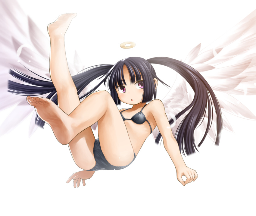 barefoot bikini black_bikini black_hair character_request emil_chronicle_online falling feathered_wings flat_chest full_body halo highres kasuga_yukihito purple_eyes solo swimsuit toes twintails wings