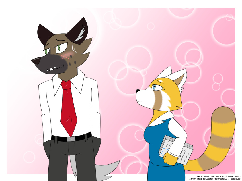 abstract aggressive_retsuko anthro blush canine clothed clothing cute djcoyoteguy haida hyena invalid_background mammal red_panda retsuko sanrio simple_background size_difference