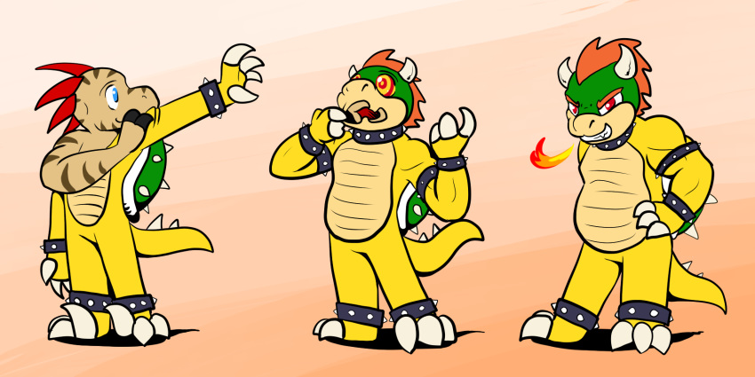 2014 anthro bowser collar costume digital_drawing_(artwork) digital_media_(artwork) dinosaur hi_res horn immelmann immelmann_(character) koopa living_suit male mario_bros mind_control nintendo raptor scalie sequence simple_background slightly_chubby solo spikes spiral_eyes theropod transformation video_games