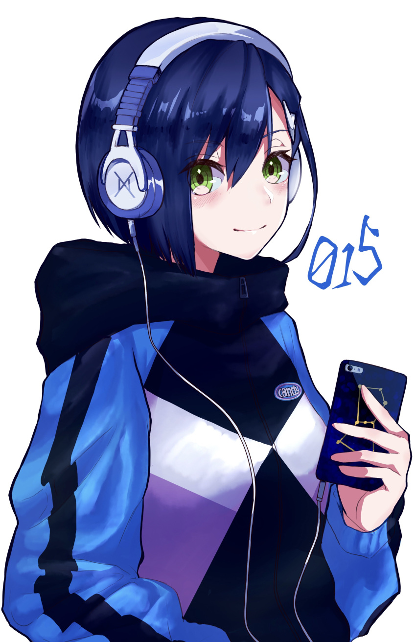 absurdres blue_hair casual cellphone closed_mouth commentary_request darling_in_the_franxx eyebrows_visible_through_hair green_eyes hair_between_eyes hair_ornament hairclip headphones highres holding holding_cellphone holding_phone hood hood_down hoodie ichigo_(darling_in_the_franxx) looking_at_viewer phone short_hair smartphone smile solo yoshi2_oide