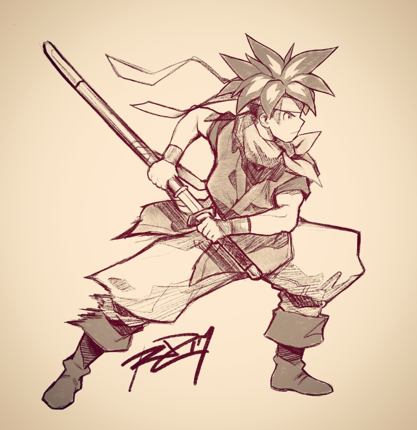 boots chrono_trigger crono from_side full_body graphite_(medium) greyscale headband highres left-handed male_focus monochrome neckerchief robert_porter serious sheath signature solo spiked_hair sword traditional_media unsheathing weapon wristband