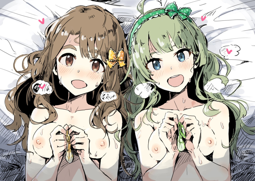 :d ahoge bed_sheet blue_eyes blush bow breasts brown_eyes brown_hair collarbone condom cum green_hair hair_bow hairband head_tilt heart heavy_breathing highres holding holding_condom idolmaster idolmaster_million_live! long_hair looking_at_viewer lying medium_breasts miyao_miya multiple_girls nipples on_back open_mouth orange_bow shimabara_elena sketch smile sweat tai0201 topless upper_body used_condom