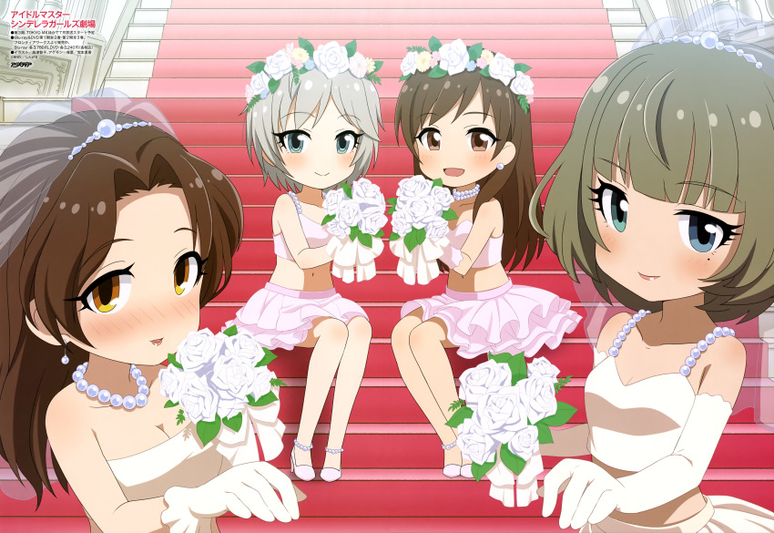 absurdres agemono anastasia_(idolmaster) animedia aqua_eyes bangs bare_shoulders blue_eyes blue_flower blunt_bangs blush body_blush bouquet breasts bridal_veil brown_eyes brown_hair cinderella_girls_gekijou cleavage crop_top earrings elbow_gloves eyebrows_visible_through_hair flower gloves green_eyes hair_flower hair_ornament heterochromia high_heels highres holding holding_bouquet idolmaster idolmaster_cinderella_girls jewelry kawashima_mizuki knees_together large_breasts lavender_flower legs_together light_brown_hair lipstick long_hair looking_at_viewer magazine_scan makeup medium_breasts midriff mole mole_under_eye multiple_girls navel necklace nitta_minami official_art open_mouth orange_eyes outstretched_hand parted_bangs parted_lips pearl_earrings pearl_necklace pink_flower pink_gloves pink_lipstick pink_shirt pink_skirt scan shirt short_hair silver_hair sitting skirt smile stairs takagaki_kaede takatsu_tomoko veil white_earrings white_flower white_footwear white_gloves white_shirt white_skirt yellow_flower