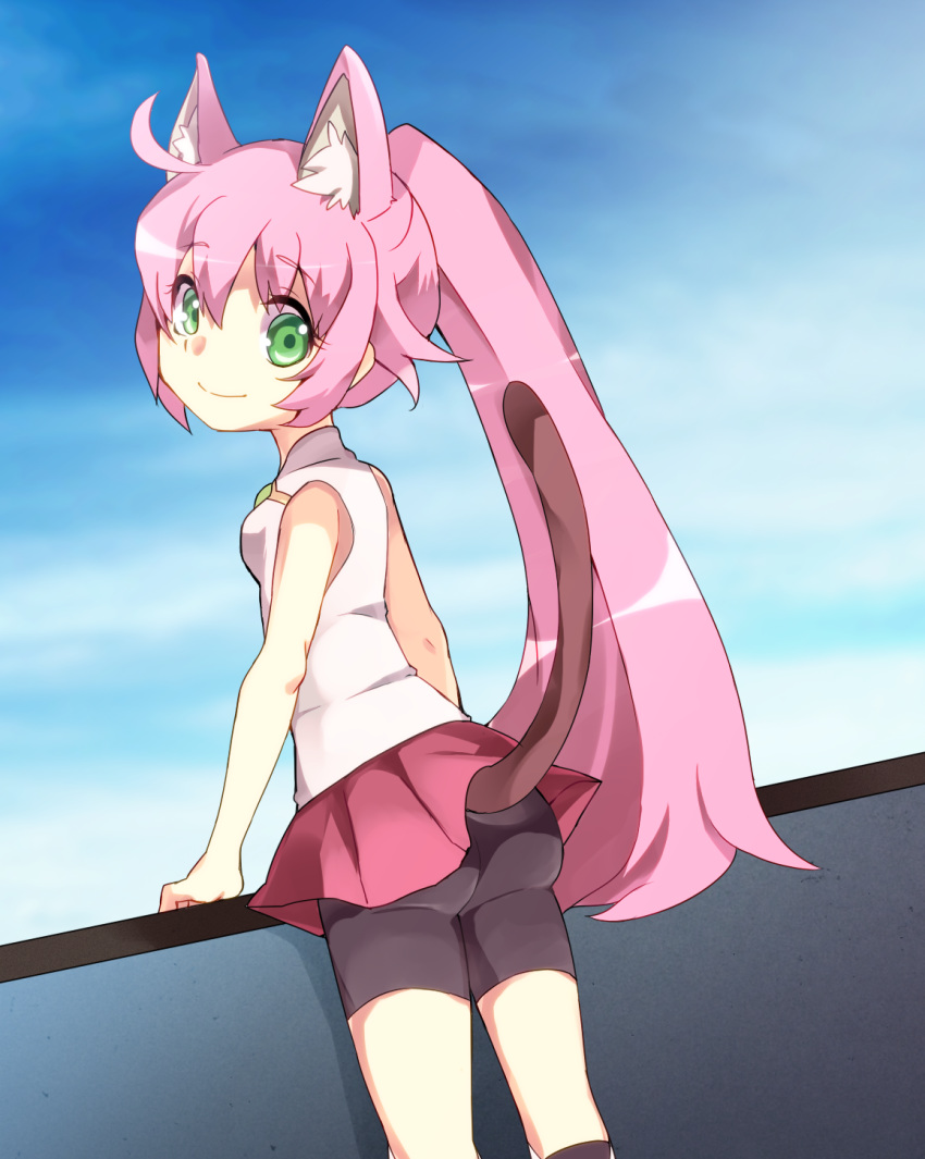 animal_ears ass bike_shorts black_legwear cat_ears cat_tail cloud commentary_request from_behind green_eyes gundam gundam_build_divers highres kneehighs lifted_by_self long_hair looking_back miniskirt outdoors pink_hair ponytail red_skirt shirt shorts shorts_under_skirt skirt skirt_lift sky sleeveless sleeveless_shirt smile solo soni_(sonicho0831) tail white_shirt yashiro_momoka
