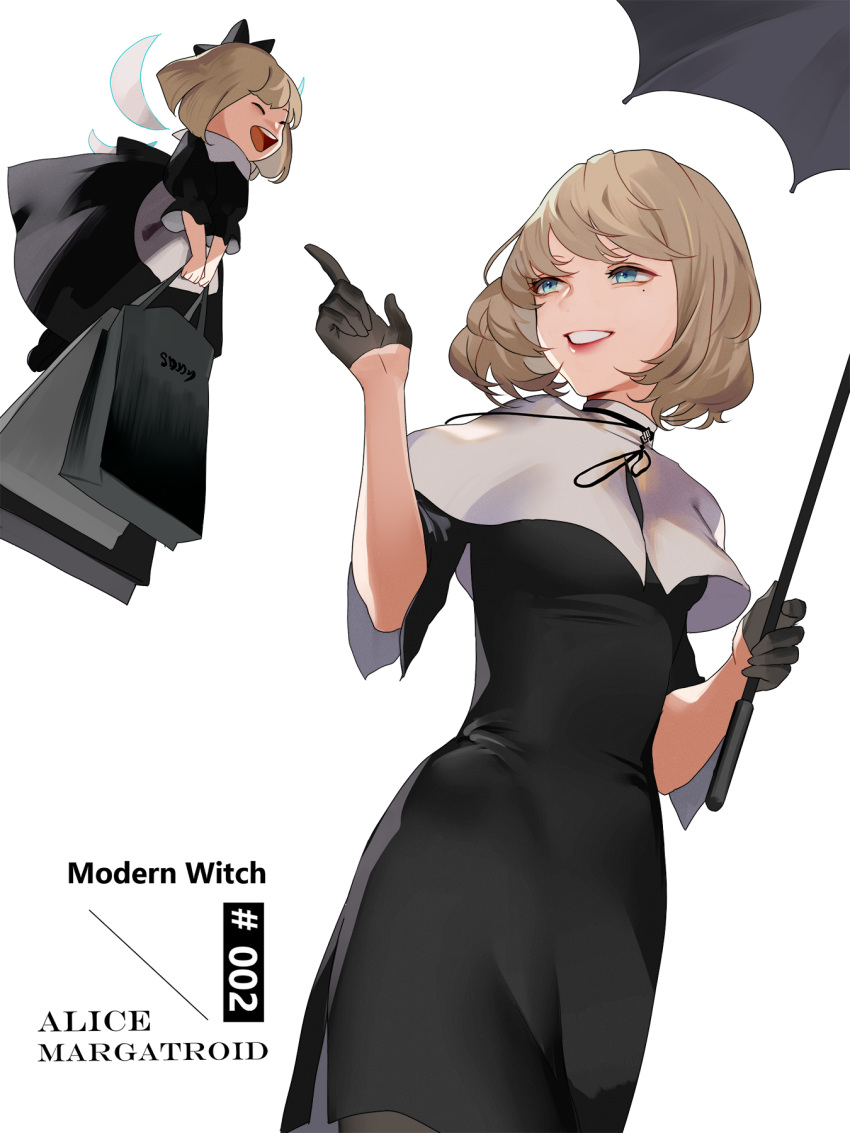 :d ^_^ alice_margatroid alternate_costume apron bag black_bow black_dress black_gloves black_legwear blonde_hair blue_eyes bow breasts capelet character_name closed_eyes commentary dress feet_out_of_frame gloves grin hair_bow hands_up highres hillly_(maiwetea) holding holding_bag holding_umbrella index_finger_raised lipstick long_sleeves makeup medium_breasts multiple_girls open_mouth pantyhose pointing red_lips red_lipstick shanghai_doll shopping_bag short_hair simple_background smile standing touhou umbrella waist_apron white_background white_capelet wings