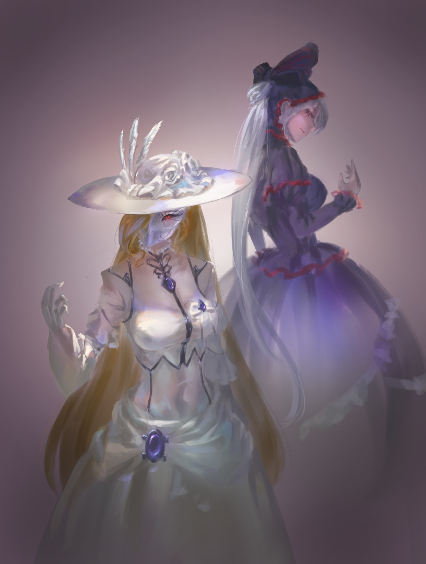 absurdres black_dress blonde_hair breasts character_request covered_navel dress flower gloves gothic_lolita grey_background hat hat_feather hat_flower head_tilt highres layered_dress lolita_fashion long_dress long_hair mask medium_breasts multiple_girls overlord_(maruyama) ponytail red_eyes shalltear_bloodfallen silver_hair song_ren standing sun_hat very_long_hair white_feathers white_flower white_gloves white_hat