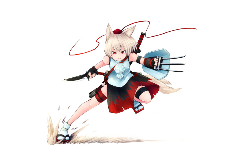 &gt;:( animal_ears bangs bare_shoulders black_gloves black_skirt blonde_hair claw_(weapon) closed_mouth combat_knife commentary_request fighting_stance fingerless_gloves floating_hair folded_leg full_body geta gloves hands_up hat highres holding holding_weapon inubashiri_momiji jakomurashi japanese_clothes katana knife medium_skirt multicolored multicolored_clothes multicolored_skirt outstretched_leg pom_pom_(clothes) red_eyes red_skirt serious sheath sheathed shield shirt short_hair side_slit simple_background skirt sleeveless sleeveless_shirt solo sword tail throwing_knife tokin_hat touhou v-shaped_eyebrows weapon weapon_on_back white_background white_shirt wolf_ears wolf_girl wolf_tail