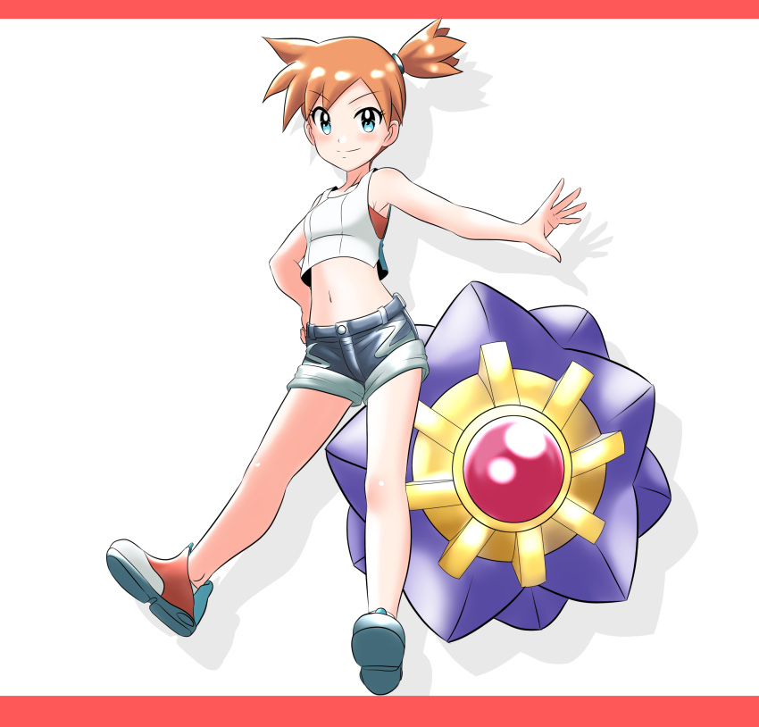 1girl blue_eyes blue_shorts breasts brown_hair creatures_(company) crop_top eyebrows_visible_through_hair full_body game_freak gen_1_pokemon hair_between_eyes hand_on_hip highres kakkii kasumi_(pokemon) midriff navel nintendo one_side_up outstretched_arm pokemon pokemon_(game) pokemon_lgpe shadow shiny shiny_hair short_hair short_shorts shorts sleeveless small_breasts starmie stomach white_background