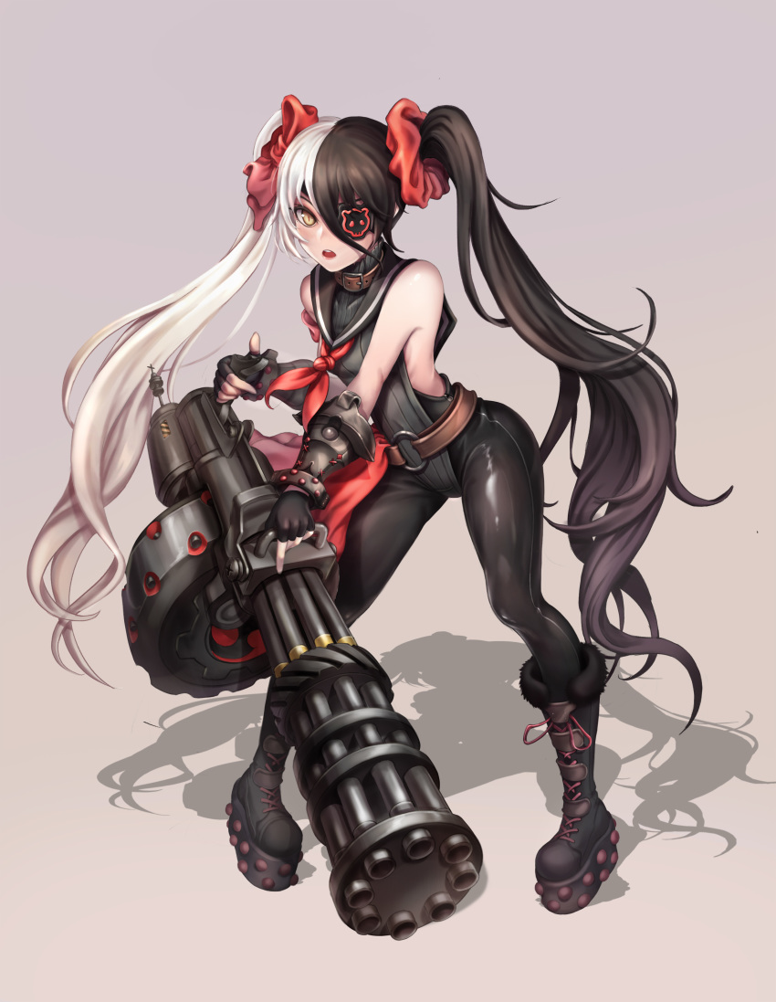 absurdres belt black_hair blade_&amp;_soul boots brown_eyes eyepatch fingerless_gloves full_body gatling_gun gloves gun highres kie_(wylee2212) knee_boots latex leotard long_hair o-ring open_mouth pants pohwaran red_scrunchie ribbon scrunchie slit_pupils solo twintails weapon white_hair