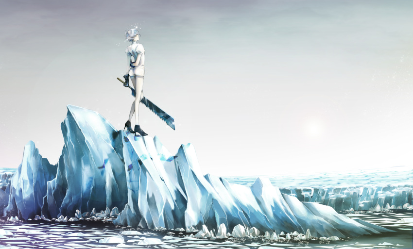 ahoge androgynous antarcticite blue_eyes boots gem_uniform_(houseki_no_kuni) glacier gloves high_heels highres houseki_no_kuni ice looking_at_viewer looking_back scenery short_hair shuiqin silver_hair solo sparkle sword weapon white_hair winter