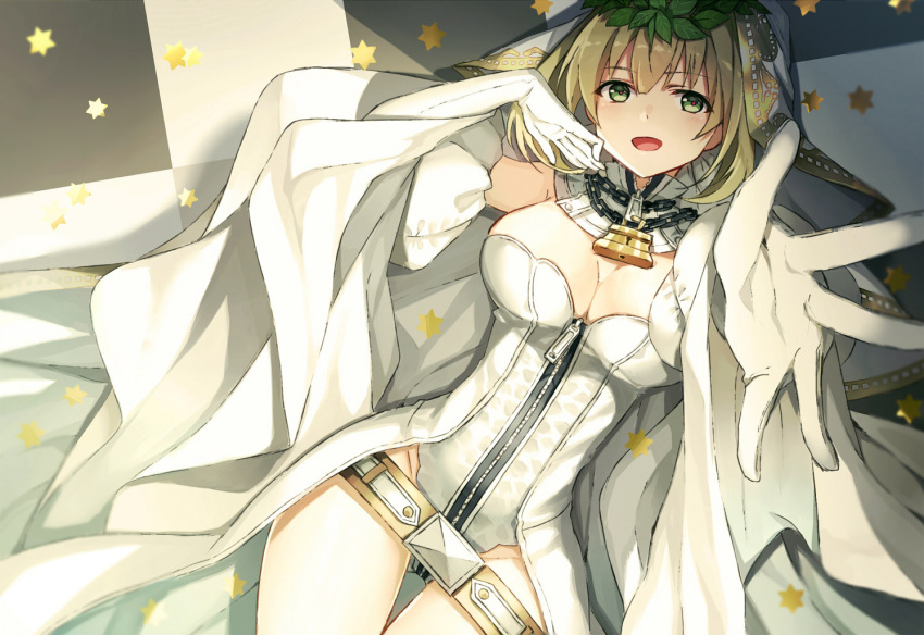 akami_fumio bad_id bad_pixiv_id belt blonde_hair breasts bridal_veil chain checkered checkered_floor cleavage commentary_request detached_collar detached_sleeves fate/extra fate/extra_ccc fate/grand_order fate_(series) gloves green_eyes head_wreath leotard lock long_sleeves loose_belt lying nero_claudius_(bride)_(fate) nero_claudius_(fate)_(all) on_back open_mouth padlock puffy_detached_sleeves puffy_sleeves star strapless strapless_leotard veil white_gloves white_leotard white_sleeves zipper
