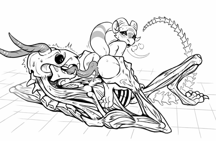 anthro bone butt cunnilingus duo female flat_chested horn kobold licking lidded_eyes looking_back magic_user male necromancer nude oral panting pussy_juice scalie sex simple_background size_difference skeleton skull sorcerushorserus sweat text tongue tongue_out undead vaginal