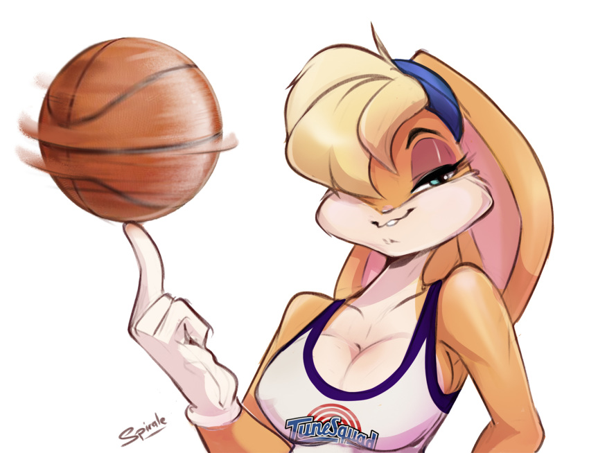 2018 anthro ball basketball basketball_(ball) big_breasts blonde_hair bra breasts buckteeth cleavage clothed clothing female floppy_ears gloves hair hair_over_eye hairband lagomorph lola_bunny looking_at_viewer looney_tunes mammal rabbit short_hair simple_background smile solo space_jam spirale sports_bra teeth underwear warner_brothers white_background