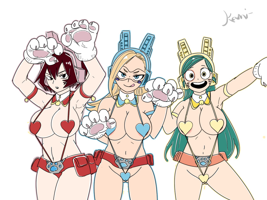 :o animal_ears aqua_hair armpits arms_up belt blonde_hair boku_no_hero_academia breasts brown_hair cameltoe cat_ears cat_paws cat_tail commentary cowboy_shot fake_animal_ears headphones heart highres kami_(thorchata) large_breasts licking_lips multiple_girls nipples open_mouth paw_pose paws pouch shiretoko_tomoko short_hair simple_background slingshot_swimsuit sousaki_shino swimsuit tail tongue tongue_out tsuchikawa_ryuuko white_background