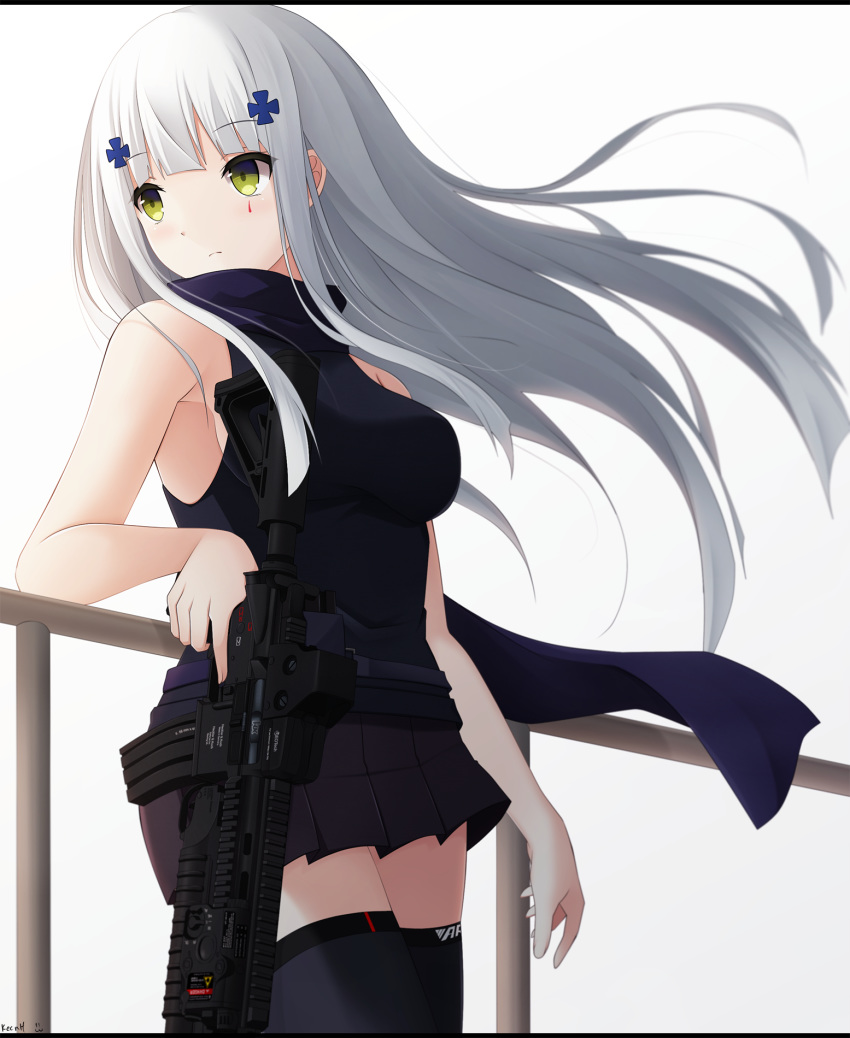 armpits arms_at_sides artist_name assault_rifle bangs bare_arms bare_shoulders belt black_legwear black_shirt black_skirt blue_scarf blush breasts closed_mouth commentary cowboy_shot expressionless eyebrows_visible_through_hair facial_mark floating_hair girls_frontline green_eyes grenade_launcher gun hair_ornament heckler_&amp;_koch highres hk416 hk416_(girls_frontline) holding holding_gun holding_weapon keenh leaning_back letterboxed long_hair looking_to_the_side m203 medium_breasts miniskirt object_namesake pleated_skirt railing rifle scarf shirt sidelocks skirt sleeveless sleeveless_shirt solo standing thighhighs trigger_discipline underbarrel_grenade_launcher weapon white_background white_hair wind zettai_ryouiki