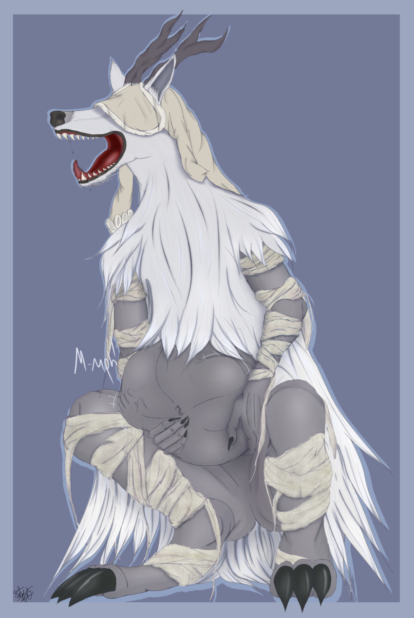 2015 abdominal_bulge antlers asaneman bandage blindfold bloodborne canine female feral fur grey_background hand_imprint holding_belly horn mammal navel saliva simple_background solo vicar_amelia video_games vore were werewolf white_fur