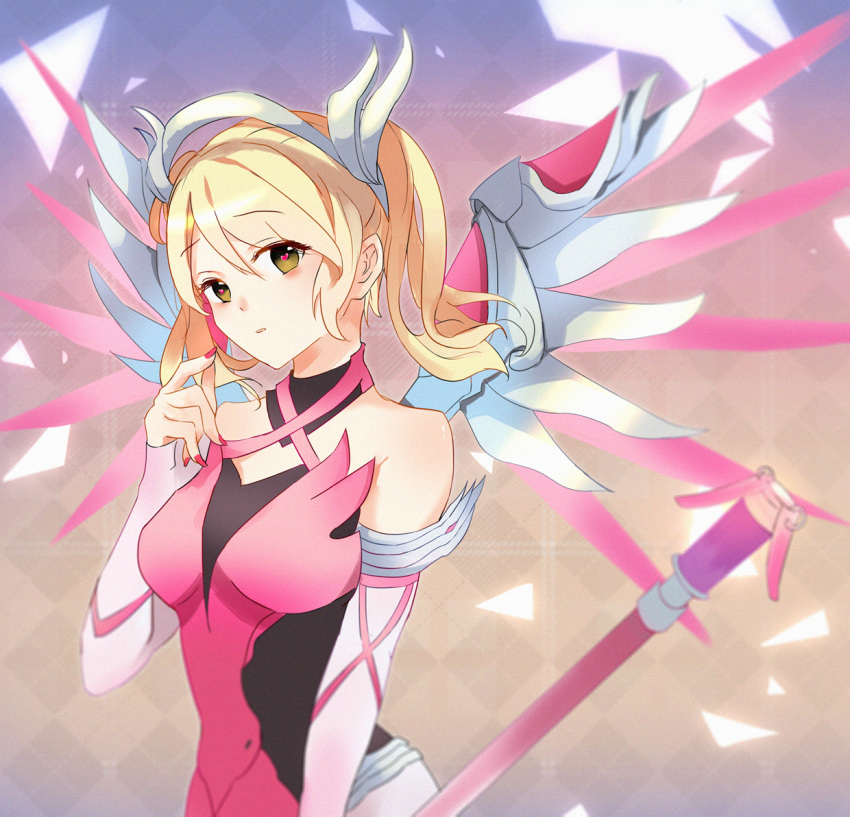 alternate_costume alternate_hairstyle argyle argyle_background blonde_hair breasts criss-cross_halter dress elbow_gloves fingerless_gloves fingernails gloves gradient gradient_background green_eyes hair_ribbon halterneck holding holding_staff looking_at_viewer magical_girl mechanical_halo mechanical_wings medium_breasts medium_hair mercy_(overwatch) nail_polish overwatch parted_lips pink_dress pink_gloves pink_mercy pink_nails pink_ribbon pink_wings purple_background ribbon solo staff tan_background taut_clothes tokiku twintails upper_body wings