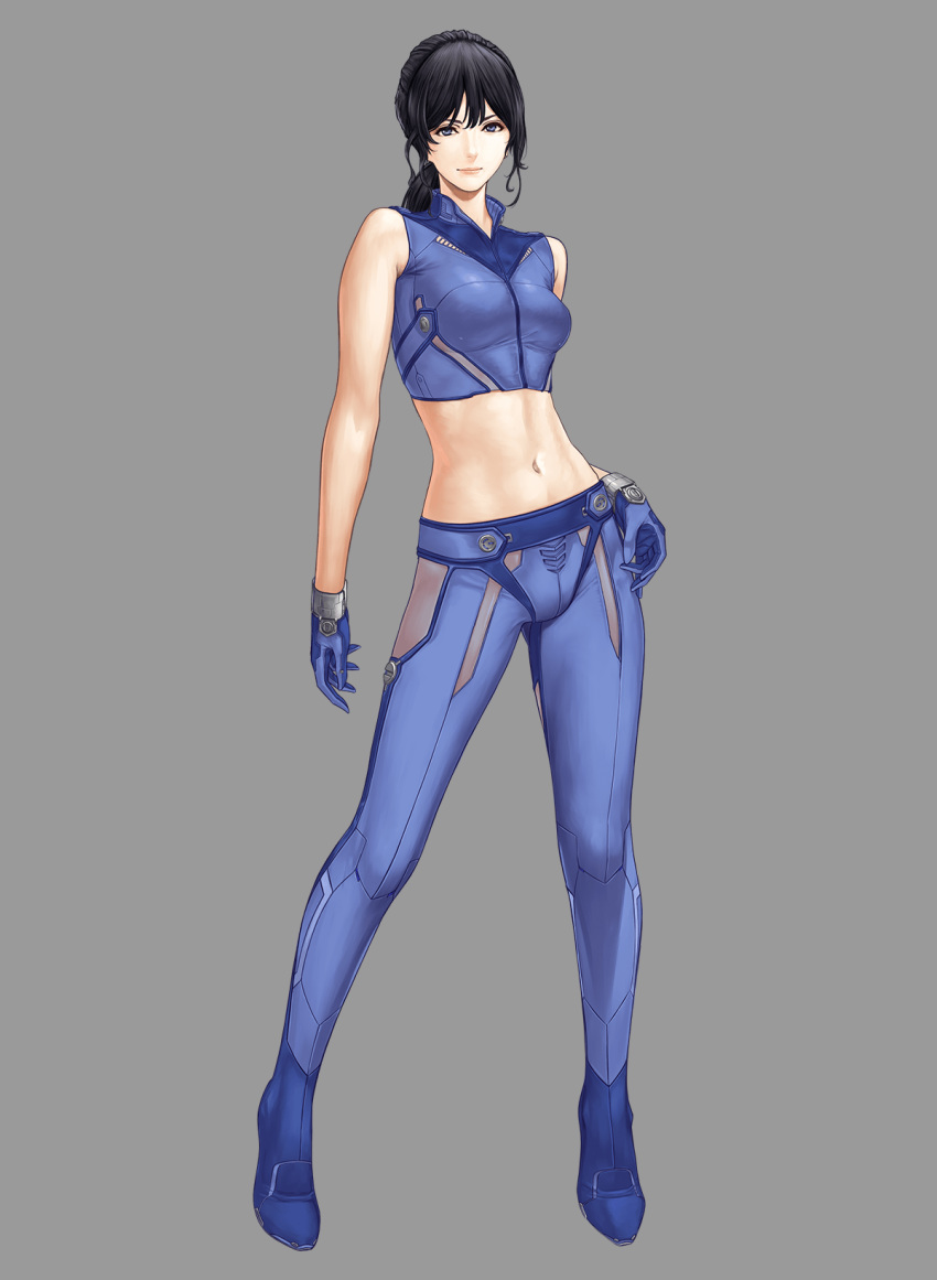 black_hair blue_eyes blue_gloves blue_pants carla_(zoids) crop_top full_body gloves grey_background highres hironox looking_at_viewer midriff navel pants ponytail short_hair simple_background sleeveless solo standing stomach tank_top zoids