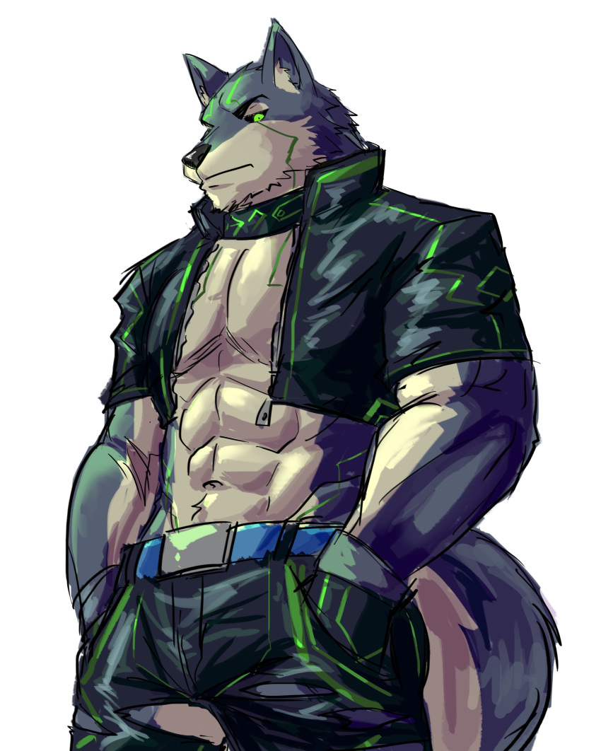 2018 abs anthro belt canine clothed clothing collar digital_media_(artwork) fur kemono male mammal muscular open_shirt pecs simple_background weedwolf wolf