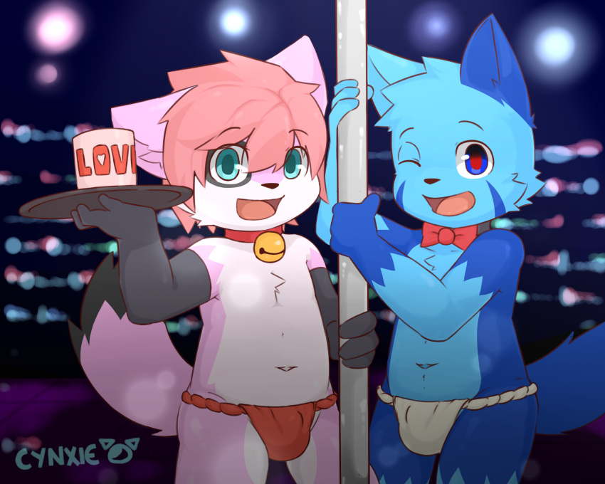 anthro bell_collar black_fur blue_eyes blue_fur bow_tie bulge cat clothed clothing collar cub cynxie_(artist) duo feline fundoshi fur haziq(hazumazu) hi_res japanese_clothing looking_at_viewer male mammal navel naz_namaki_(cynxie) open_mouth pink_fur pole red_pupils stripper_pole topless underwear young