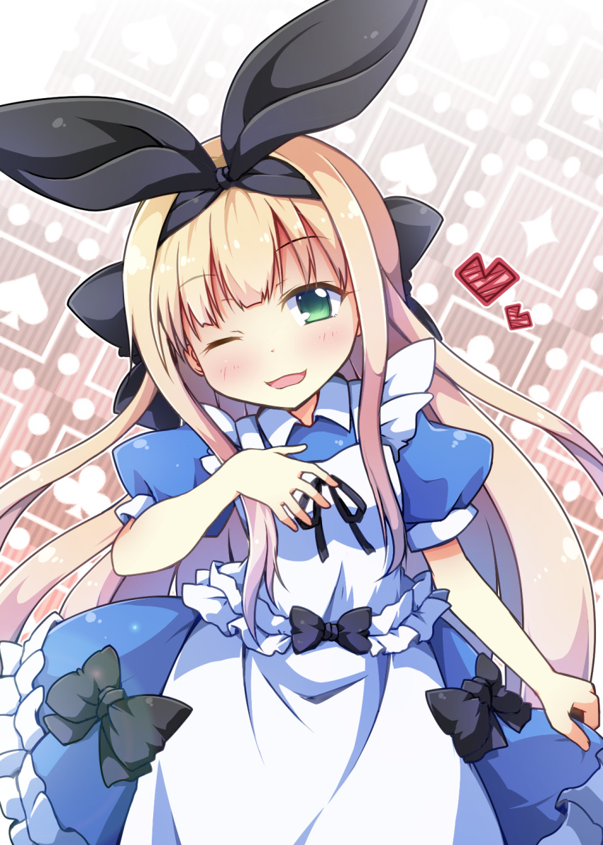 :3 apron black_hairband blonde_hair blue_dress bow commentary_request dress green_eyes hair_bow hairband hand_on_own_chest highres long_hair mononobe_alice nijisanji one_eye_closed open_mouth ribbon smile solo upper_body virtual_youtuber yuuhi_alpha