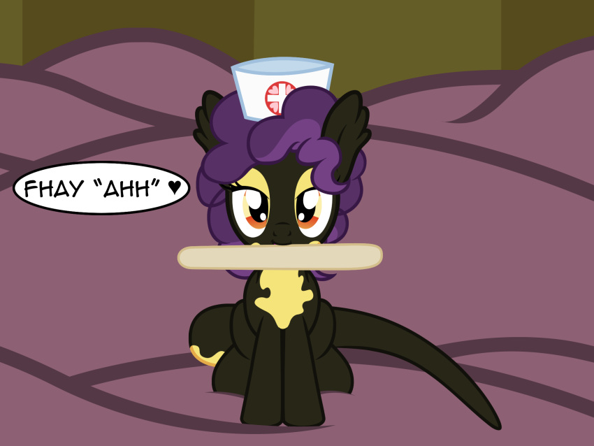 &lt;3 alp-luachra badumsquish bed brown_eyes dialogue female first_person_view friendship_is_magic hat hospital looking_at_viewer my_little_pony nurse nurse_hat nurse_heartstick_(mlp) purple_eyes sitting smile solo tongue_depressor