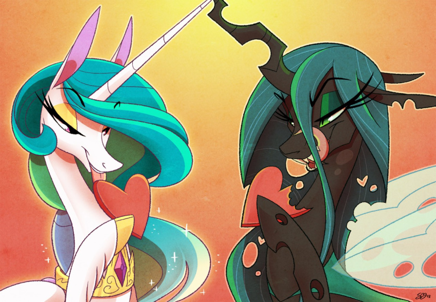 &lt;3 2018 bedroom_eyes changeling duo eating equine famosity female friendship_is_magic half-closed_eyes horn licking licking_lips mammal my_little_pony princess_celestia_(mlp) probablyfakeblonde queen_chrysalis_(mlp) seductive tongue tongue_out winged_unicorn wings