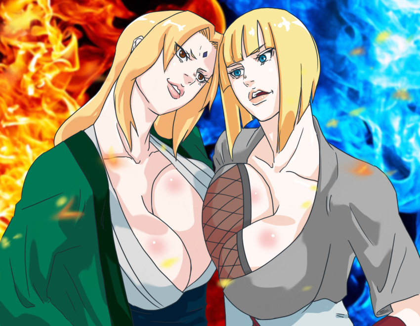 2girls absurdres anger_vein angry blonde_hair blue_eyes breast_press breasts brown_eyes cleavage clenched_hands clenched_teeth facial_mark hand_on_hip highres huge_breasts large_breasts long_hair mattsun_(lyohei-adgjmptw) multiple_girls naruto naruto_shippuuden ninja open_mouth samui short_hair smile symmetrical_docking teeth tsunade upper_body