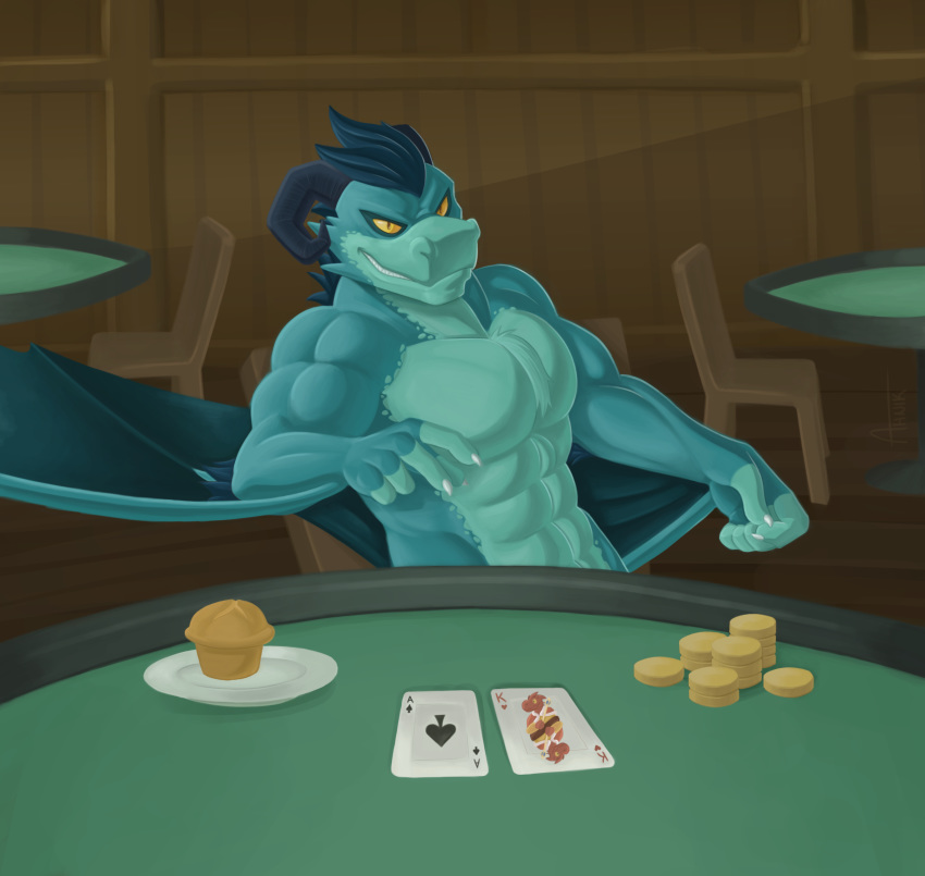 2018 ahnik blue_scales card chair coin dragon food gold_(metal) gold_coin inside looking_at_viewer male muffin muscular playing_card reptile scales scalie signature sitting solo table yellow_sclera