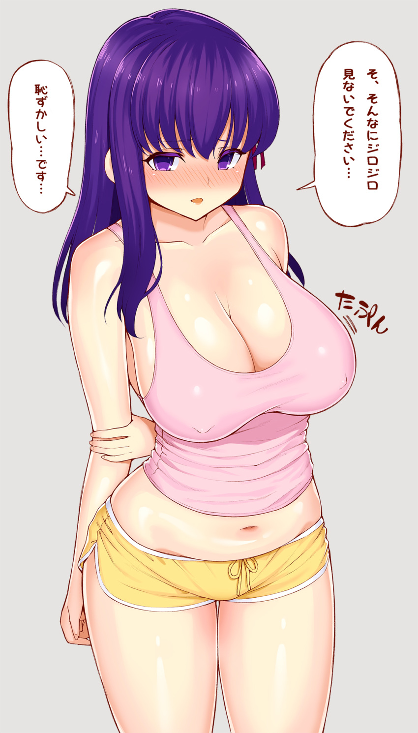 arms_behind_back blush boyshorts breasts cleavage covered_nipples fate/stay_night fate_(series) grey_background hair_ribbon highres large_breasts long_hair looking_at_viewer matou_sakura midriff navel open_mouth pink_tank_top purple_eyes purple_hair red_ribbon ribbon shorts simple_background solo speech_bubble standing tank_top tear_tear0320 translation_request yellow_shorts