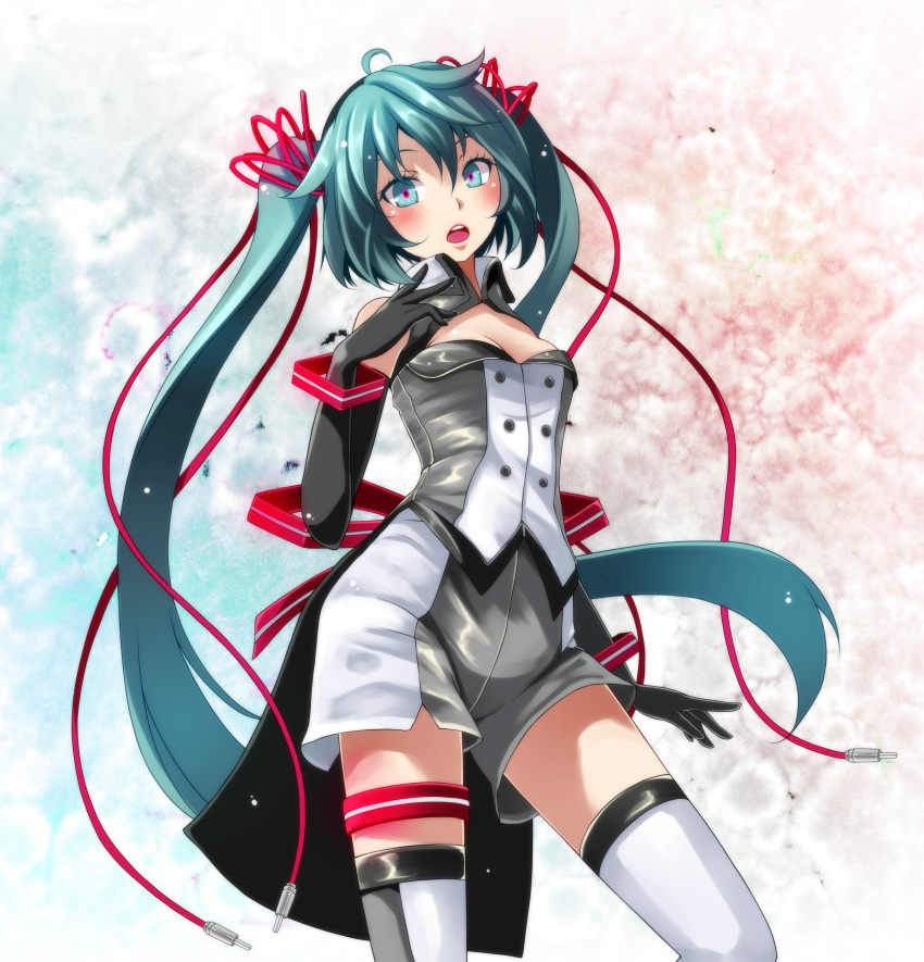 absurdres bad_id bad_pixiv_id bangs black_gloves blue_eyes blue_hair breasts cleavage elbow_gloves floating_hair gloves hair_between_eyes hair_ribbon hatsune_miku head_tilt highres long_hair looking_at_viewer medium_breasts nijigen_dream_fever_(vocaloid) open_mouth project_diva_(series) red_ribbon ribbon shorts solo standing thighhighs tsukishiro_saika twintails very_long_hair vocaloid white_legwear