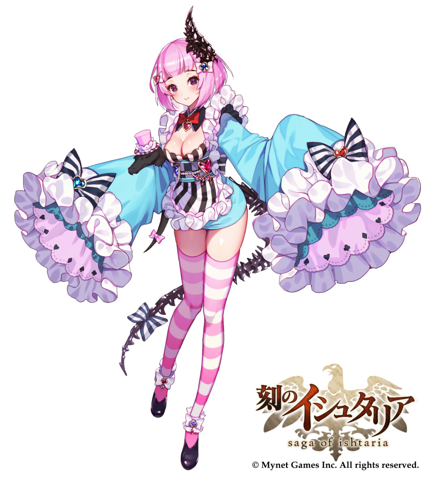age_of_ishtaria black_footwear blue_dress bow breasts cleavage copyright_name dress hair_bow hair_ornament heart highres jewelry long_sleeves looking_at_viewer medium_breasts moriko06 necklace official_art pink_hair pink_legwear purple_eyes red_pupils shoes short_hair striped striped_bow striped_legwear tail vertical_stripes watermark wide_sleeves
