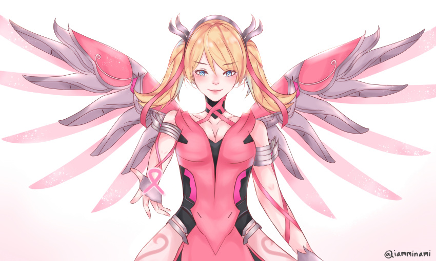absurdres alternate_costume alternate_hairstyle awareness_ribbon bare_shoulders blonde_hair blue_eyes breasts criss-cross_halter dress fingerless_gloves fingernails gloves hair_ribbon halterneck heart highres iamminami looking_at_viewer mechanical_halo mechanical_wings medium_breasts mercy_(overwatch) nail_polish outstretched_hand overwatch pink_dress pink_mercy pink_nails pink_ribbon pink_wings ribbon simple_background smile solo twintails twitter_username upper_body white_background wings