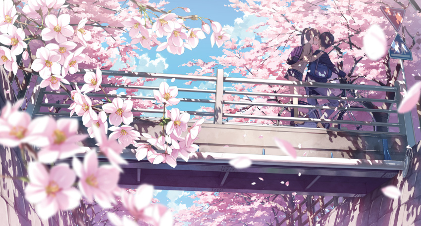 5_nenme_no_houkago bicycle brown_hair cherry_blossoms clouds flowers kantoku kneehighs long_hair male petals ponytail scenic seifuku short_hair skirt sky