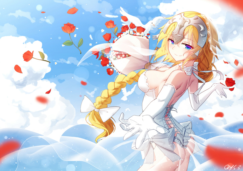 animal ass bai_yemeng bird blonde_hair bow braids clouds elbow_gloves fate/grand_order fate_(series) flowers gloves jeanne_d'arc_(fate) long_hair ponytail rose signed sky