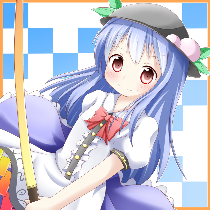 &gt;:) bangs black_hair blue_hair blue_skirt blush bow bowtie center_frills checkered checkered_background closed_mouth commentary_request dutch_angle eyebrows_visible_through_hair food frilled_skirt frills fruit hair_between_eyes highres hinanawi_tenshi holding holding_sword holding_weapon leaf left-handed long_hair looking_at_viewer makuran peach puffy_short_sleeves puffy_sleeves red_eyes red_neckwear shirt short_sleeves skirt smile solo sword sword_of_hisou touhou v-shaped_eyebrows very_long_hair weapon white_shirt