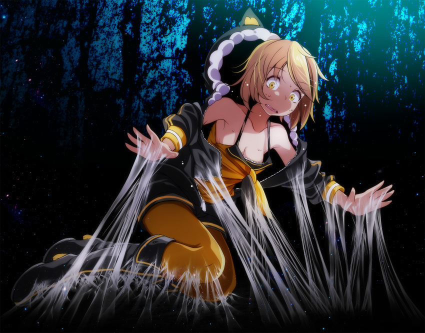 animal_ears animal_hood black_footwear black_jacket black_shorts blonde_hair boots breasts cleavage fake_animal_ears food full_body high_heel_boots high_heels highres hood jacket kagamine_rin knee_boots kunoichi_demo_koi_ga_shitai_(vocaloid) necktie open_clothes open_jacket orange_konkon_(module) pantyhose pantyhose_under_shorts project_diva_(series) shirt short_hair short_shorts shorts silk sleeveless sleeveless_shirt small_breasts solo spider_web sweatdrop trapped tsukishiro_saika unzipped vocaloid yellow_eyes yellow_legwear yellow_neckwear yellow_shirt