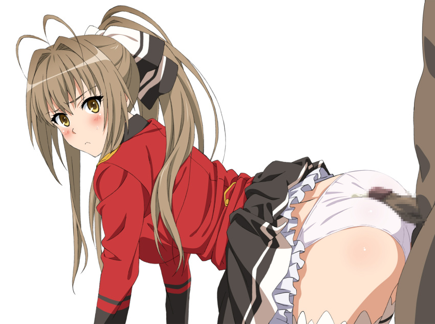 amagi_brilliant_park blush brown_eyes brown_hair censored cum kekke long_hair panties penis ponytail sento_isuzu striped_panties underwear white