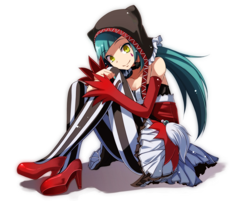 animal_ears blue_hair breasts cat_ears cat_food_(vocaloid) choker cleavage collarbone detached_sleeves eyebrows_visible_through_hair facial_mark fake_animal_ears full_body hatsune_miku high_heels highres long_hair pantyhose project_diva_(series) pumps red_footwear small_breasts smile striped striped_legwear tsukishiro_saika twintails vertical-striped_legwear vertical_stripes very_long_hair vocaloid white_background yellow_eyes
