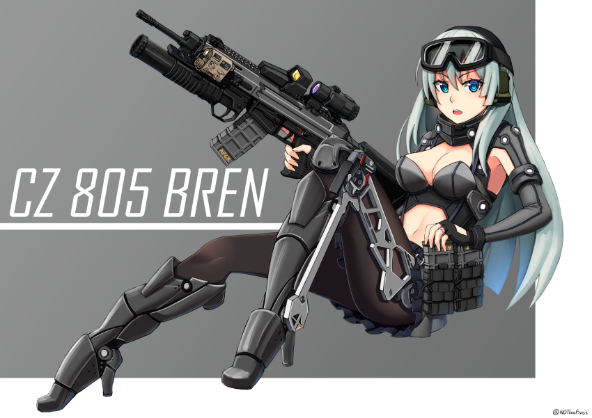 absurdres ammunition_pouch aqua_hair armored_boots blue_eyes boots breasts character_name cleavage cleavage_cutout cz-805 cz-805_(girls_frontline) exoskeleton eyebrows_visible_through_hair fingerless_gloves girls_frontline gloves goggles goggles_on_head grenade_launcher gun hair_between_eyes headset high_heels highres holding holding_gun holding_weapon jewelry knee_up long_hair magazine_(weapon) medium_breasts navel ndtwofives night_vision_device open_mouth pantyhose pleated_skirt pouch rifle ring scope sidelocks skirt solo trigger trigger_discipline twitter_username two-tone_background underbarrel_grenade_launcher weapon wedding_band