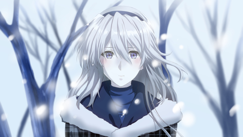 bangs black_hairband clannad eyebrows_visible_through_hair fur_trim grey_eyes hair_between_eyes hairband long_hair looking_at_viewer outdoors portrait sakagami_tomoyo silver_hair snowing solo takecha tree violet_evergarden violet_evergarden_(character) winter_clothes