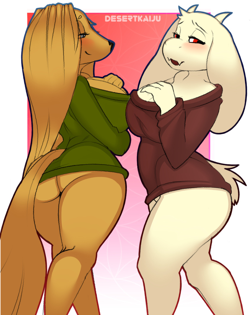 2018 alpha_channel anthro big_breasts big_butt blush boss_monster bottomless breasts butt canine caprine clothed clothing desertkaiju digital_media_(artwork) dog dogmom female female/female fur goat hair hi_res horn huge_breasts long_ears long_hair mammal mature_female presenting simple_background sweater text thick_thighs toriel transparent_background undertale video_games voluptuous white_fur wide_hips