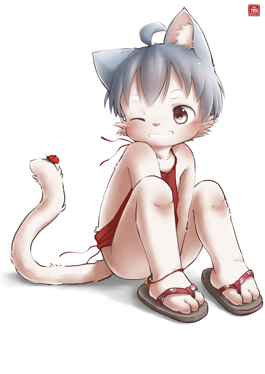 anthro apron blush bottomless cat clothed clothing cub feline footwear lady_bug male mammal one_eye_closed sandals simple_background sitting smile solo white_background young yuanyuan