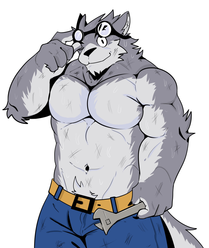 2018 absurd_res anthro belt biceps black_nose canine clothed clothing digital_media_(artwork) eyewear fur glasses grey_fur hi_res hittoga male mammal multicolored_fur muscular muscular_male one_eye_closed pants pecs simple_background tools topless wink wolf wrench