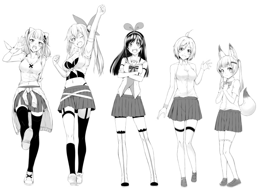 a.i._channel adapted_costume animal_ear_fluff animal_ears antenna_hair backless_outfit bow cardigan_around_waist crossover dennou_shoujo_youtuber_shiro detached_sleeves elbow_gloves fox_ears fox_tail gloves greyscale hair_bow highres kaguya_luna kaguya_luna_(character) kemomimi_oukoku_kokuei_housou kizuna_ai long_hair midriff mikoko_(kemomimi_oukoku_kokuei_housou) mirai_akari mirai_akari_project monochrome multiple_girls one_eye_closed pleated_skirt shiro_(dennou_shoujo_youtuber_shiro) short_hair side_ponytail skirt sleeveless tail thighhighs tsuhiki_koyomi twintails virtual_youtuber white_background