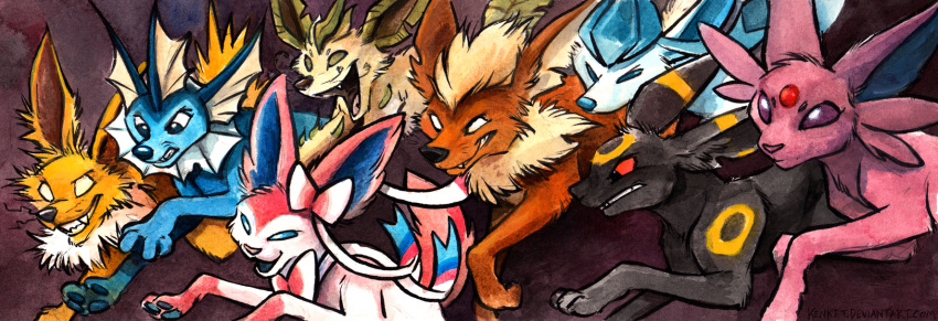 2018 ambiguous_gender black_eyes black_fur blue_eyes blue_fur blue_pawpads blue_sclera blue_skin ear_frills eevee eeveelution empty_eyes espeon flareon frill fur glaceon green_eyes green_fur grin group half-closed_eyes head_frill head_tuft hi_res jolteon kenket leafeon membranous_ruff neck_frill neck_tuft nintendo open_mouth open_smile painting_(artwork) pawpads paws pink_fur pink_tongue pok&eacute;mon pok&eacute;mon_(species) purple_background purple_fur purple_sclera red_sclera simple_background smile sylveon tongue traditional_media_(artwork) tuft umbreon url vaporeon video_games white_eyes white_fur yellow_fur