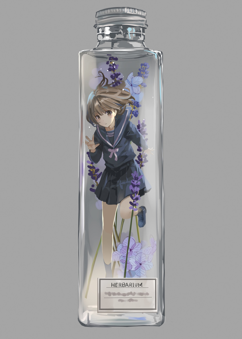 bangs black_footwear blush bottle bow brown_eyes brown_hair brown_legwear collarbone commentary_request eyebrows_visible_through_hair floating_hair flower grey_background hair_between_eyes highres in_bottle in_container loafers long_hair naruse_chisato navy_blue_sailor_collar navy_blue_serafuku navy_blue_shirt navy_blue_skirt original parted_lips pleated_skirt purple_flower sailor_collar school_uniform serafuku shirt shoes simple_background skirt socks solo standing standing_on_one_leg white_bow