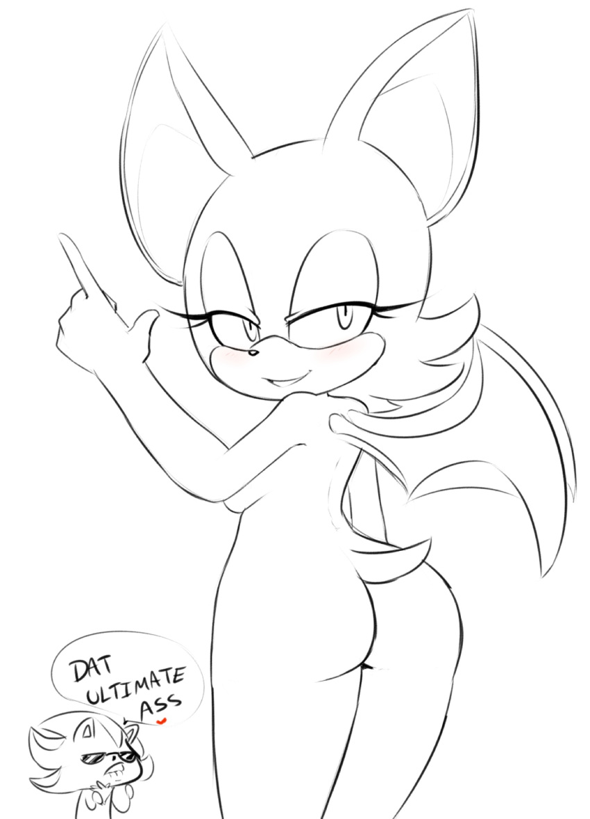 &lt;3 bat black_and_white blush breasts butt english_text eyewear female hearlesssoul hedgehog looking_at_viewer looking_back male mammal membranous_wings monochrome nude rouge_the_bat shadow_the_hedgehog simple_background sketch smile sonic_(series) sunglasses text white_background wings