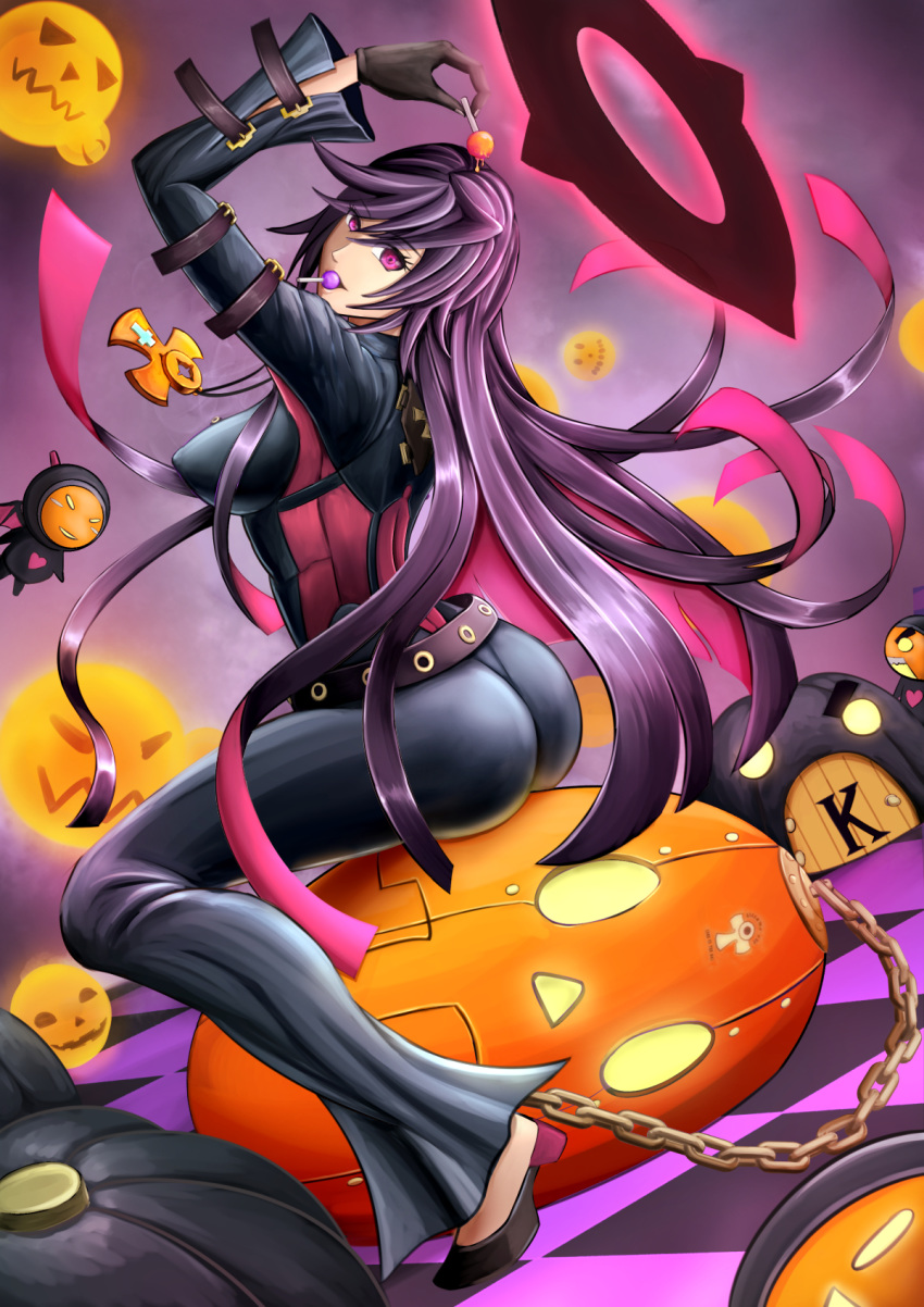 1girl alternate_color arc_system_works artist_request ass ball_and_chain ball_and_chain_restraint belt black_hair bodysuit breasts candy familiar gloves guilty_gear guilty_gear_xrd halo jack-o_(guilty_gear) large_breasts lollipop long_hair looking_at_viewer multicolored_hair pink_hair purple_eyes purple_hair sideboob smile two-tone_hair very_long_hair